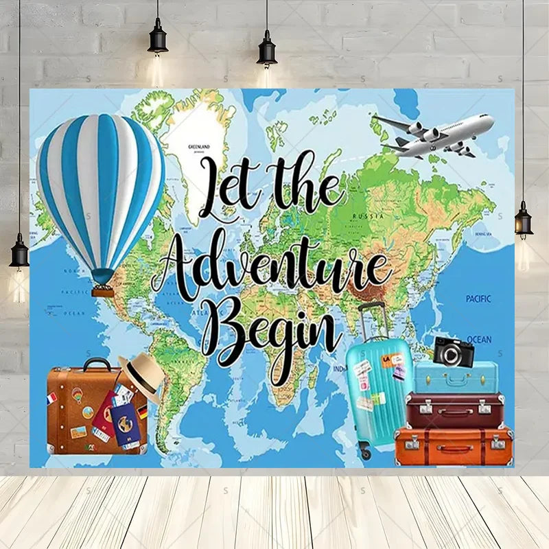 Let The Adventure Begin World Airplane Graduation Backdrop