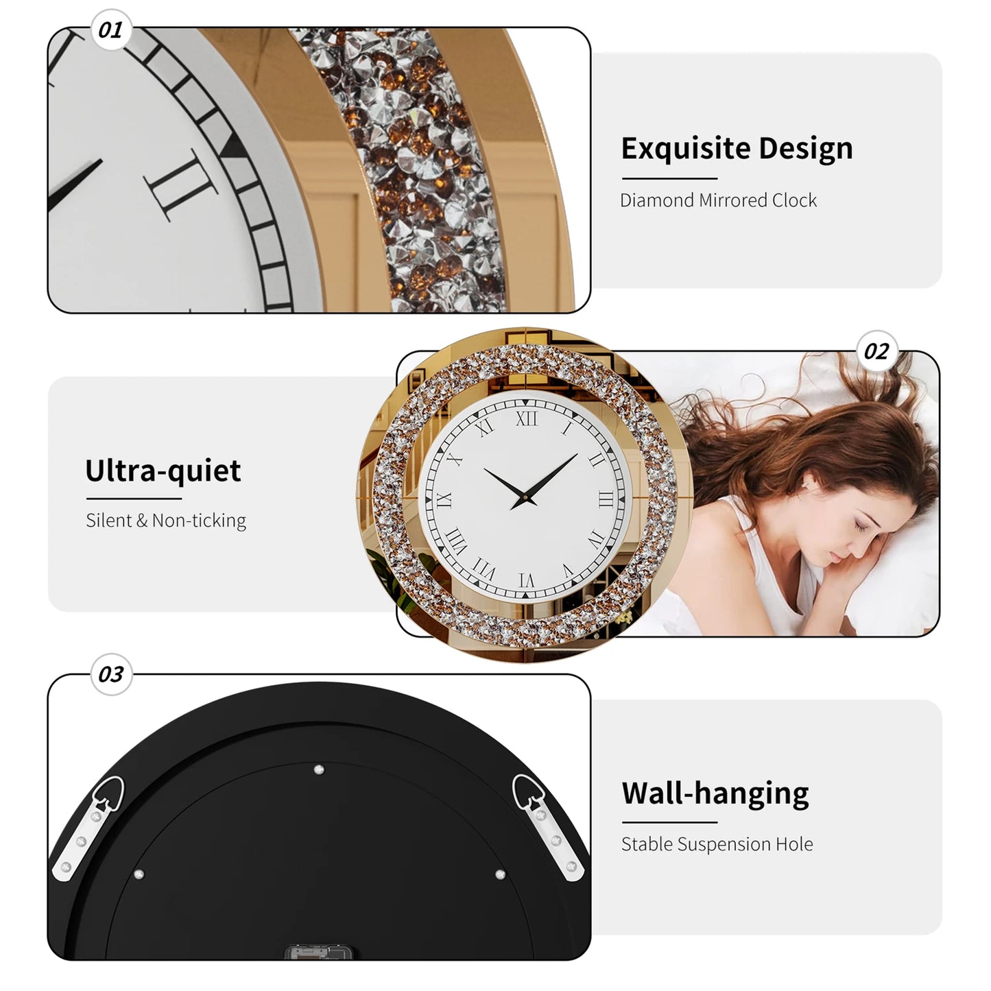 Glam Sparkle Bling Silver Round Mirror Wall Clock Decor