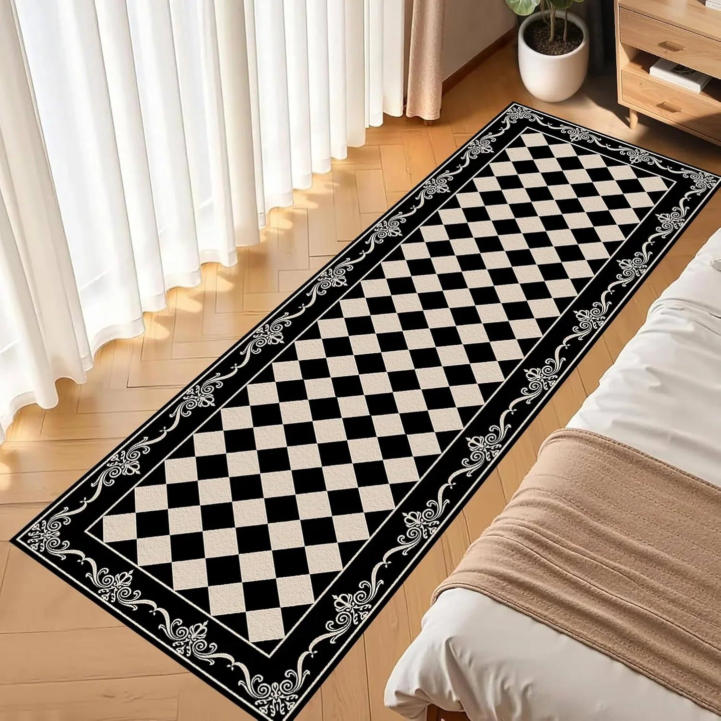 Checkered Print Runner Rug Vintage Hallway Mat Moroccan Trellis