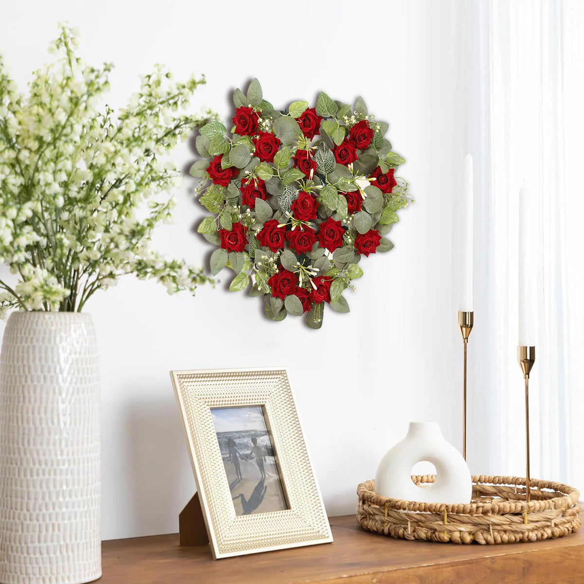 Heart Shaped Red Rose Wreath, Artificial Floral Heart Shaped Garland Valentine's Day Hanging Wreath Wedding Hanging Decoration