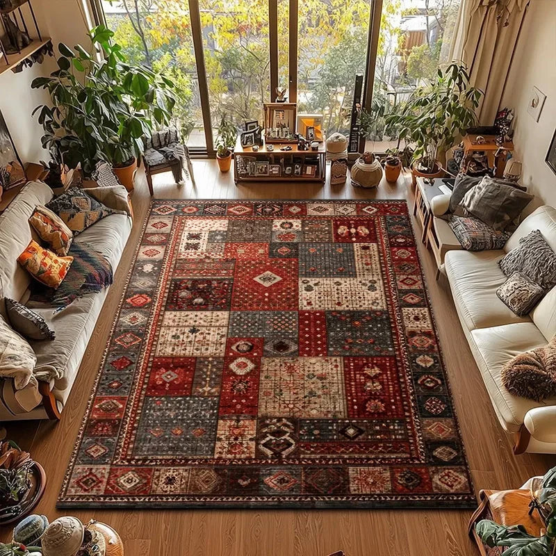 RAKKS Large Retro Red Ethnic Style Patchwork Carpet Area Rug Non-slip Living Room Decor Sofa Rug Bedroom Bedside Rug Floor Mat