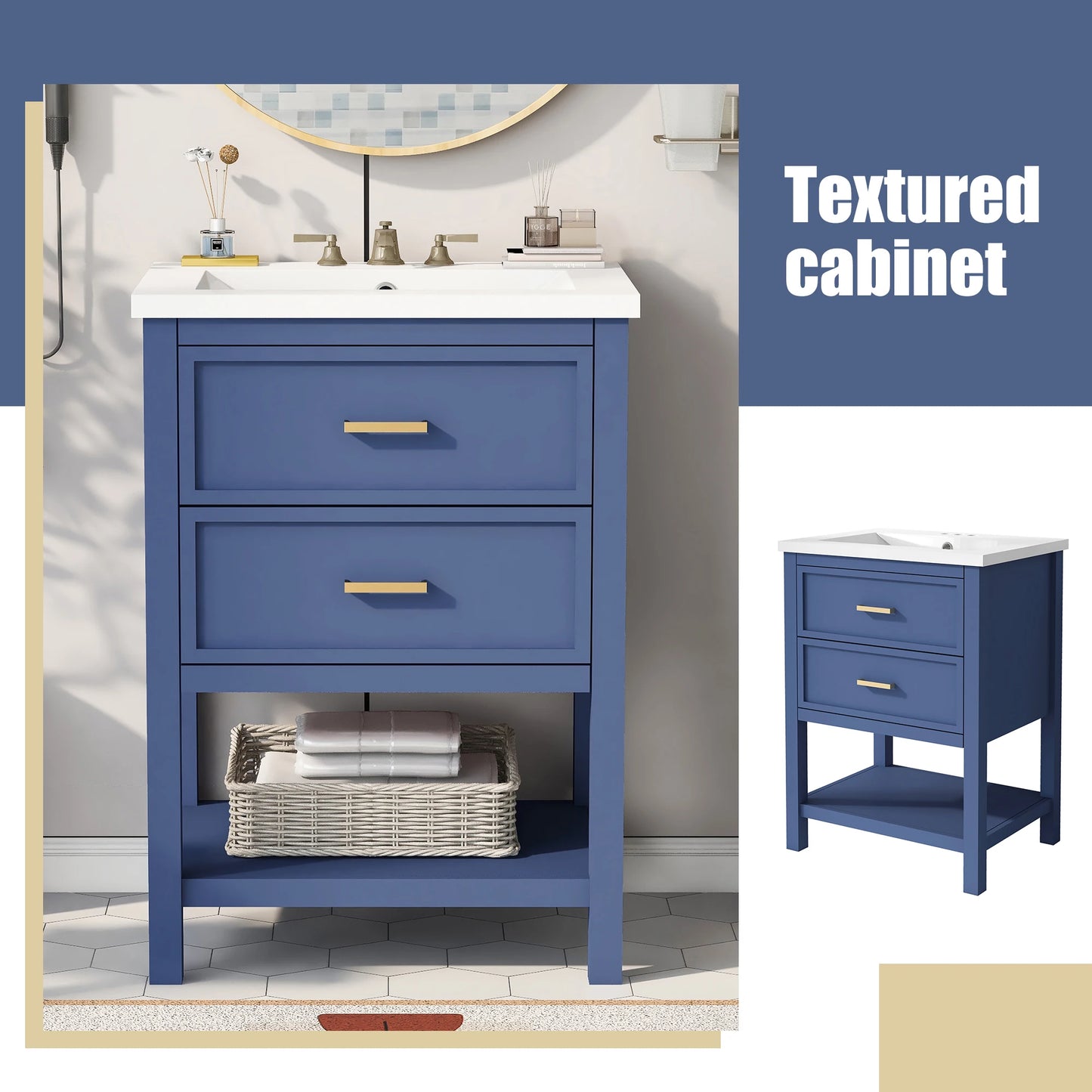 SHKL 24 Blue Bathroom Vanity With Sink And Two Drawers
