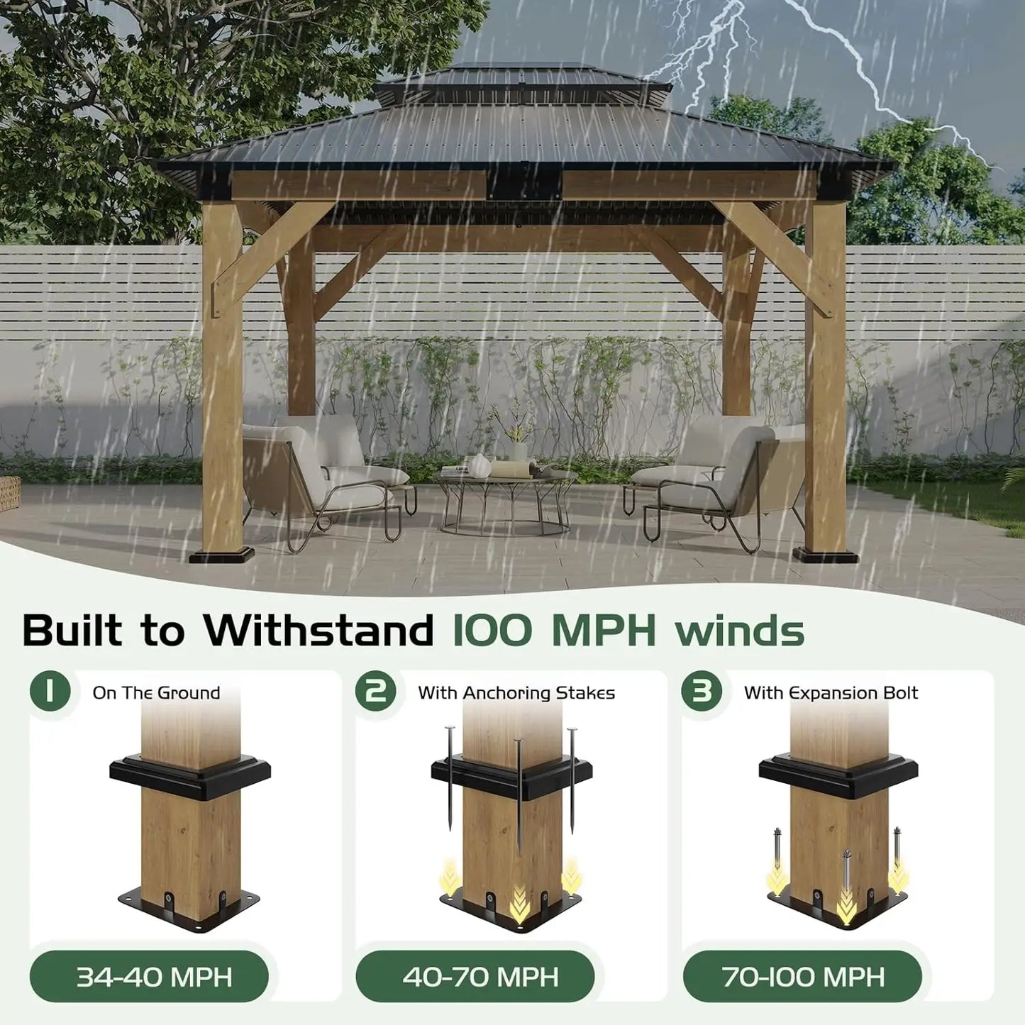 10x12 Wood Gazebo, Hardtop Gazebo with Spruce Frame and Double Metal Roof, Outdoor Pergola for Parties, Backyard, Patio, Lawns,