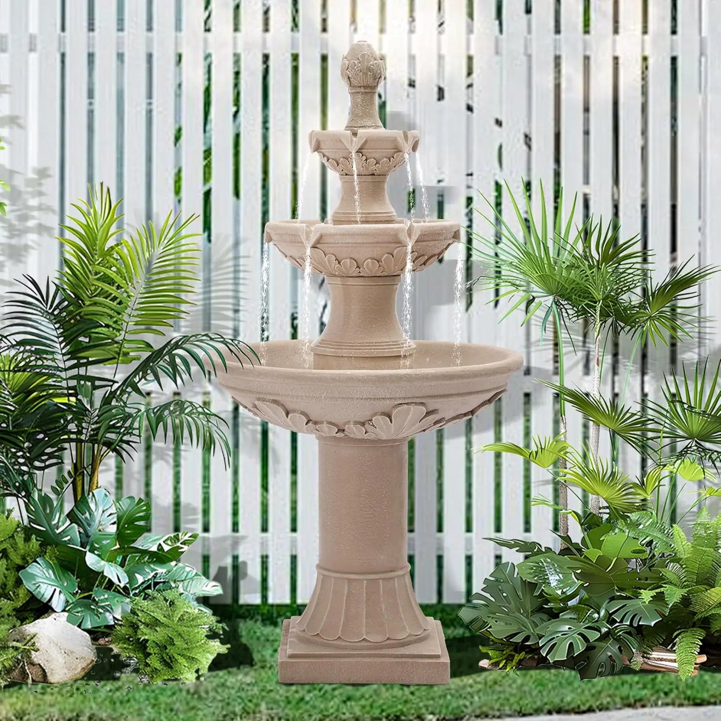 BestsellerOutdoor Fountains and Waterfalls, 48.4" H Bubbler Floor Waterfall Fountain with Pineapple Top and Pump, 3 Tiered Garde