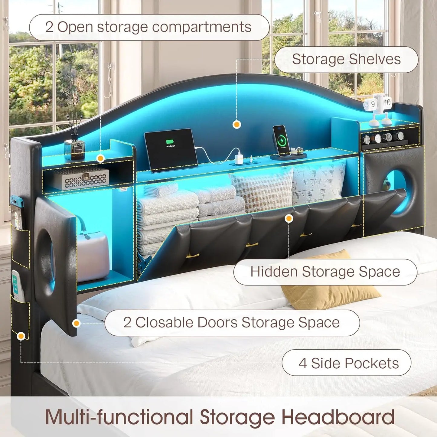 Cal King Bed Frame Storage Headboard 6 Drawers LED Lights Charging Station Noise-Free Easy Assembly PU Customized
