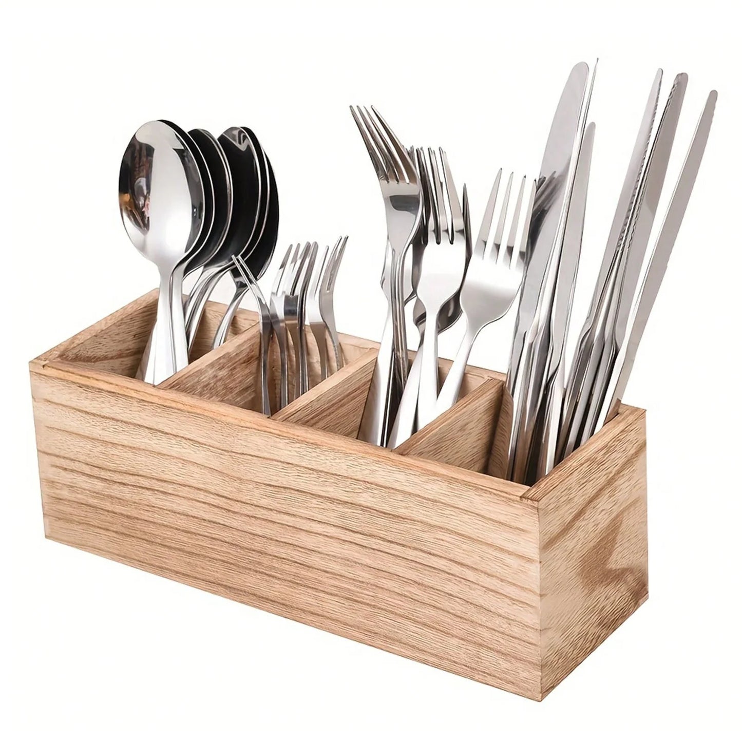 Wood Cutlery Caddy Kitchen Utensil Organizer with 4 Compartments Silverware Storage Kitchen Countertop Flatware Organizer