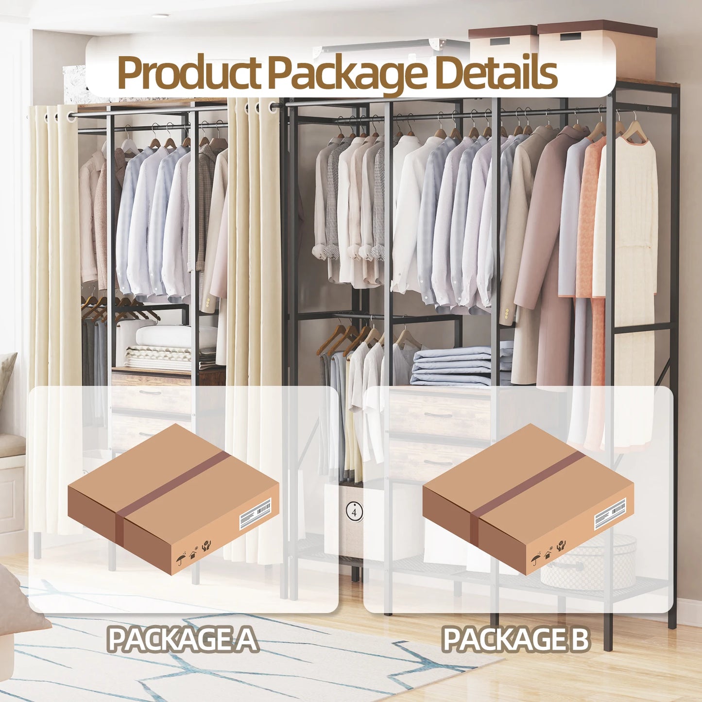 Industrial Coat Rack Stand With Two-Drawer Wardrobe Shelves