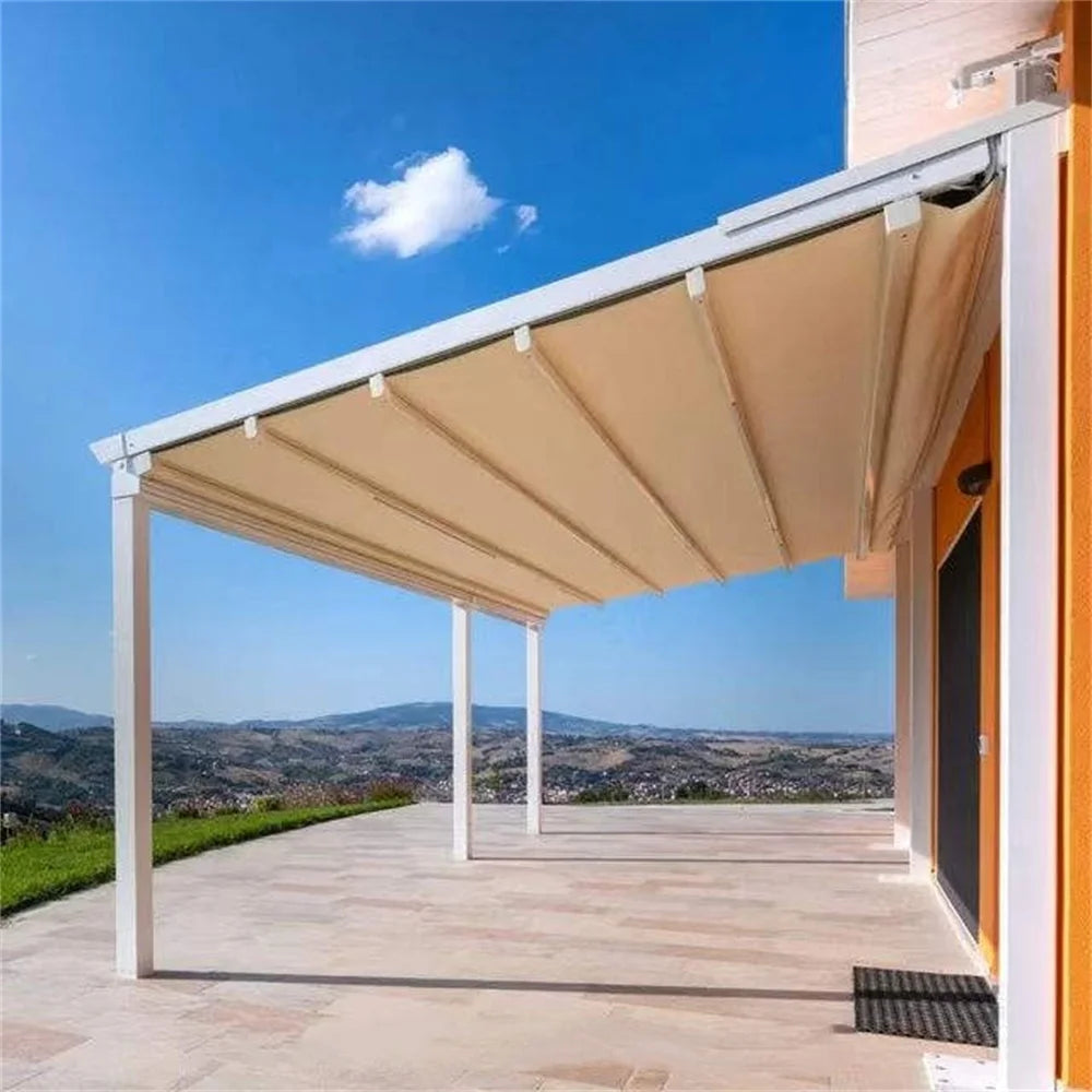 Custom size motorized waterproof sunproof retractable PVC pergola roof awning folding awnings motorized with LED for patio