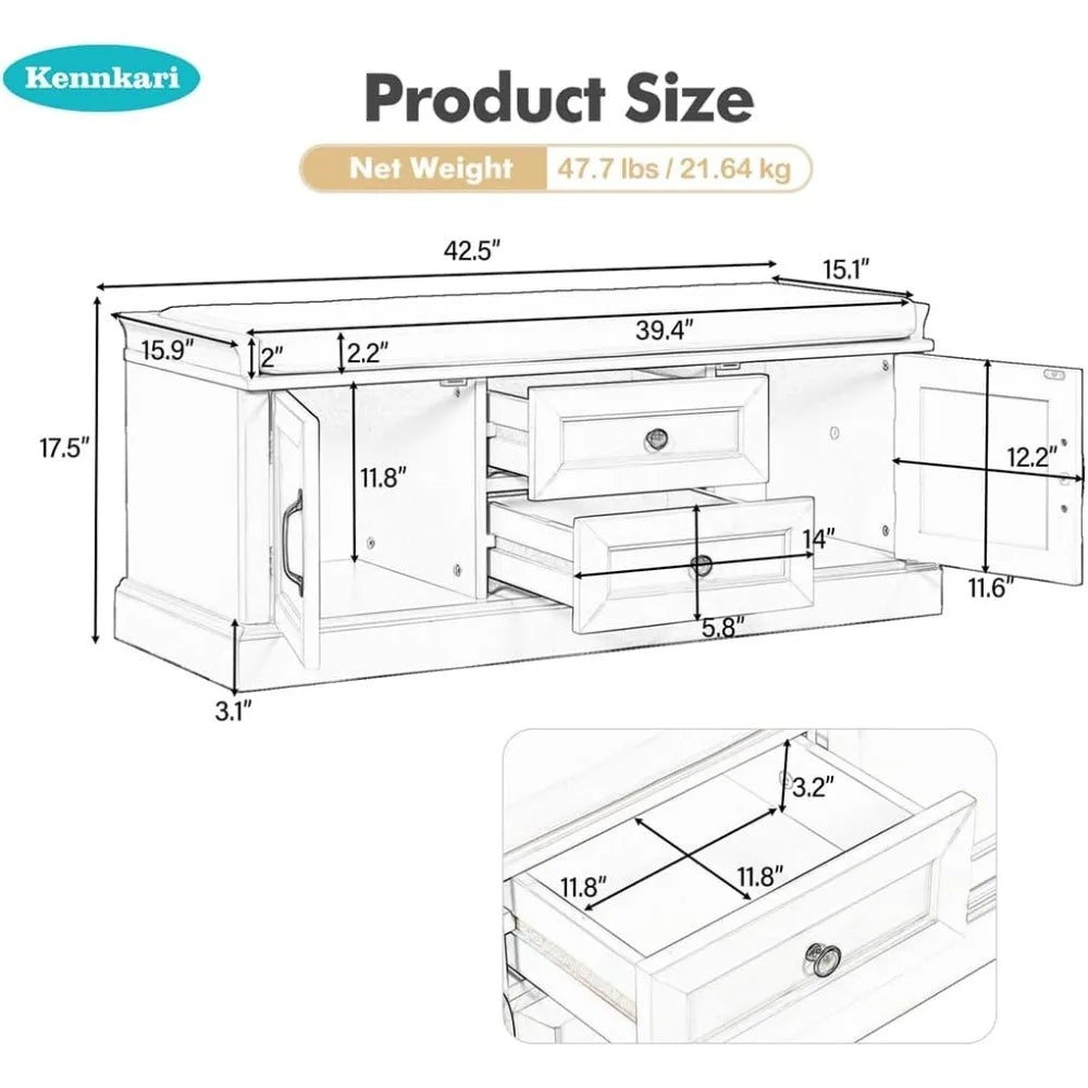 Storage Bench With Drawers And Cabinets Removable Cushion