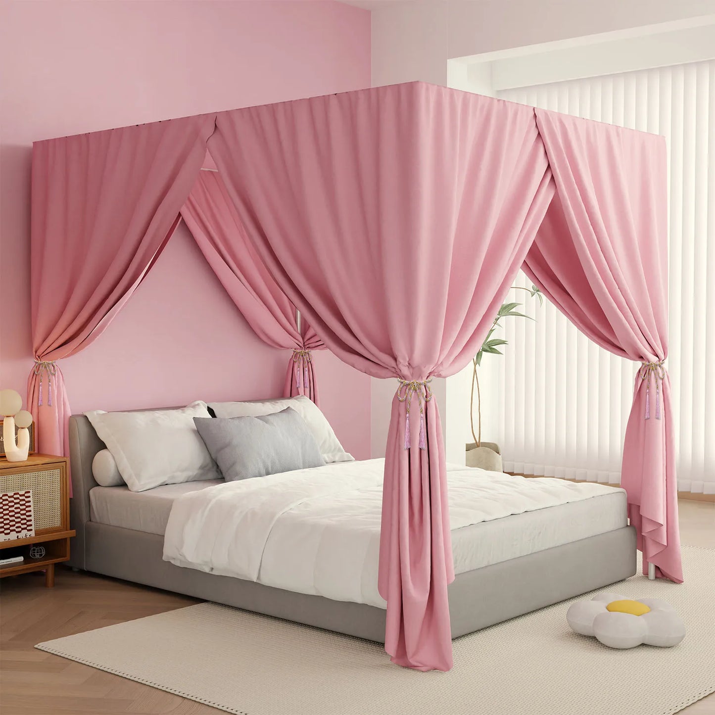 Pink/Black king Four Corner Post Bed Canopy Bed Curtains Sheer Canopy for Adults Bedroom Decoration Lightproof Windproof Twin