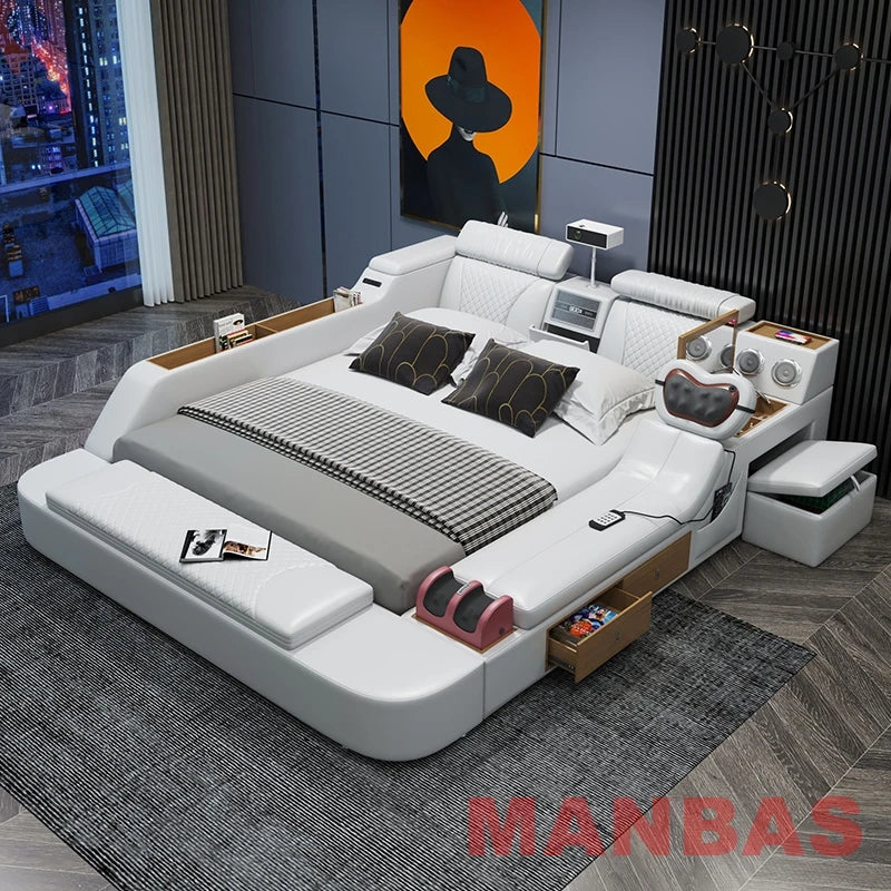 King/Queen Size Genuine Leather Bed, Modern Tech Smart Bed with Projector,USB, Speaker, Luxury Multifunction Bed, All In One Bed