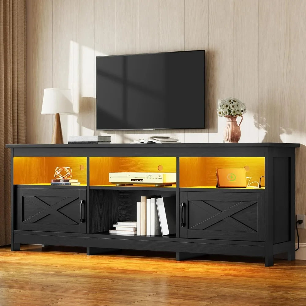Farmhouse TV Stand for 70 75 80 Inch TVs With LED Lights