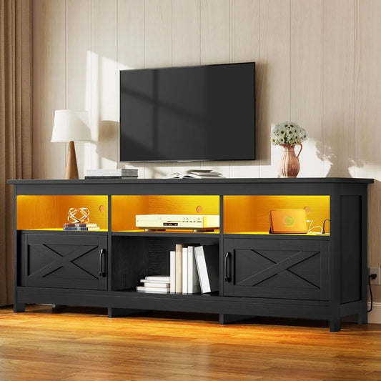 Farmhouse TV Stand for 70 75 80 Inch TVs With LED Lights