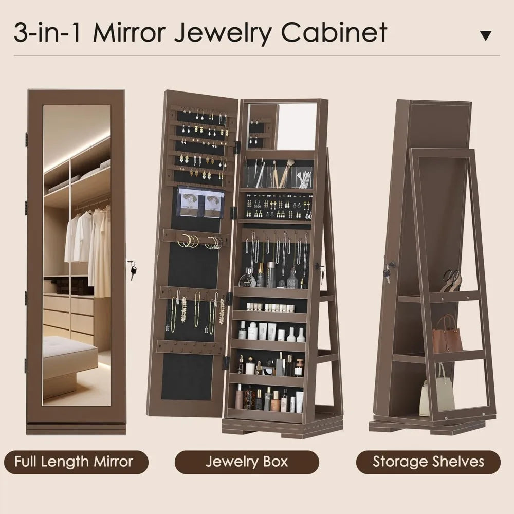 360° Rotating Full-Length Mirror Jewelry Cabinet, Standing Mirror with Jewelry Storage, Makeup Organizer & Lock