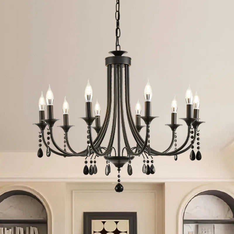 American Black Metal E14 Led Chandelier Living Room Crystal Hanging Lamp Art Decor Home Lighting Led Lamparas Luminarias