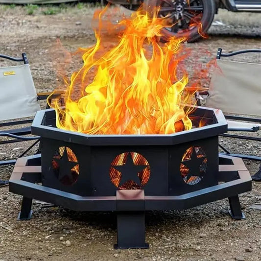 Feature Outdoor Octagon Fire Pit with Wood Burning Fire Poker