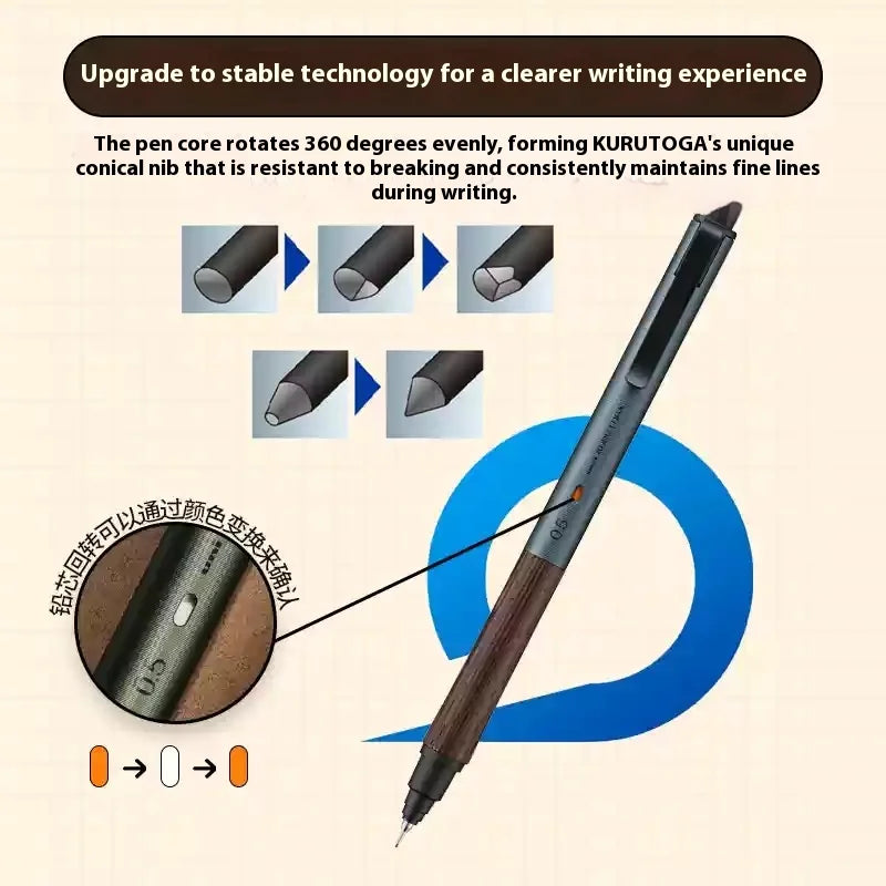 Luxury Japanese Stationery Uni Kuru Toga Mechanical Pencil M5-KW/KH with Wood Grip 0.5MM Automatic Pencil for Back To School