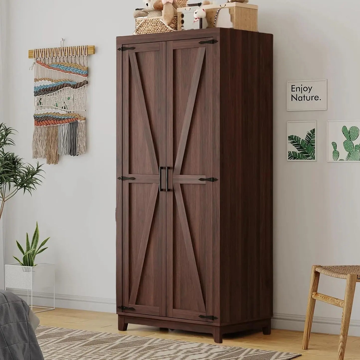 70" Tall Wardrobe Closet with Doors and Shelves, Hanging Clothes Storage Cabinet with Rods, Large Bedroom Armoire, Customized