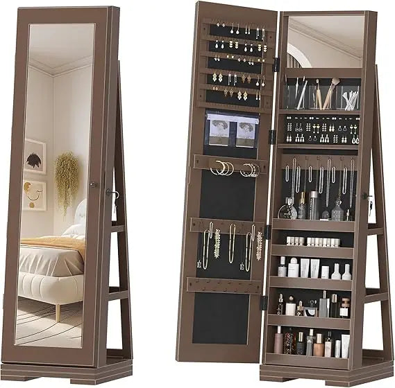 360° Rotating Full-Length Mirror Jewelry Cabinet, Standing Mirror with Jewelry Storage, Makeup Organizer & Lock