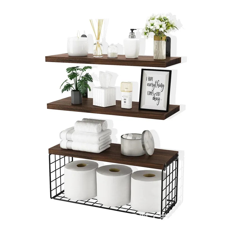 Triple Wood Wall Mounted Bathroom Shelves Storage Solution