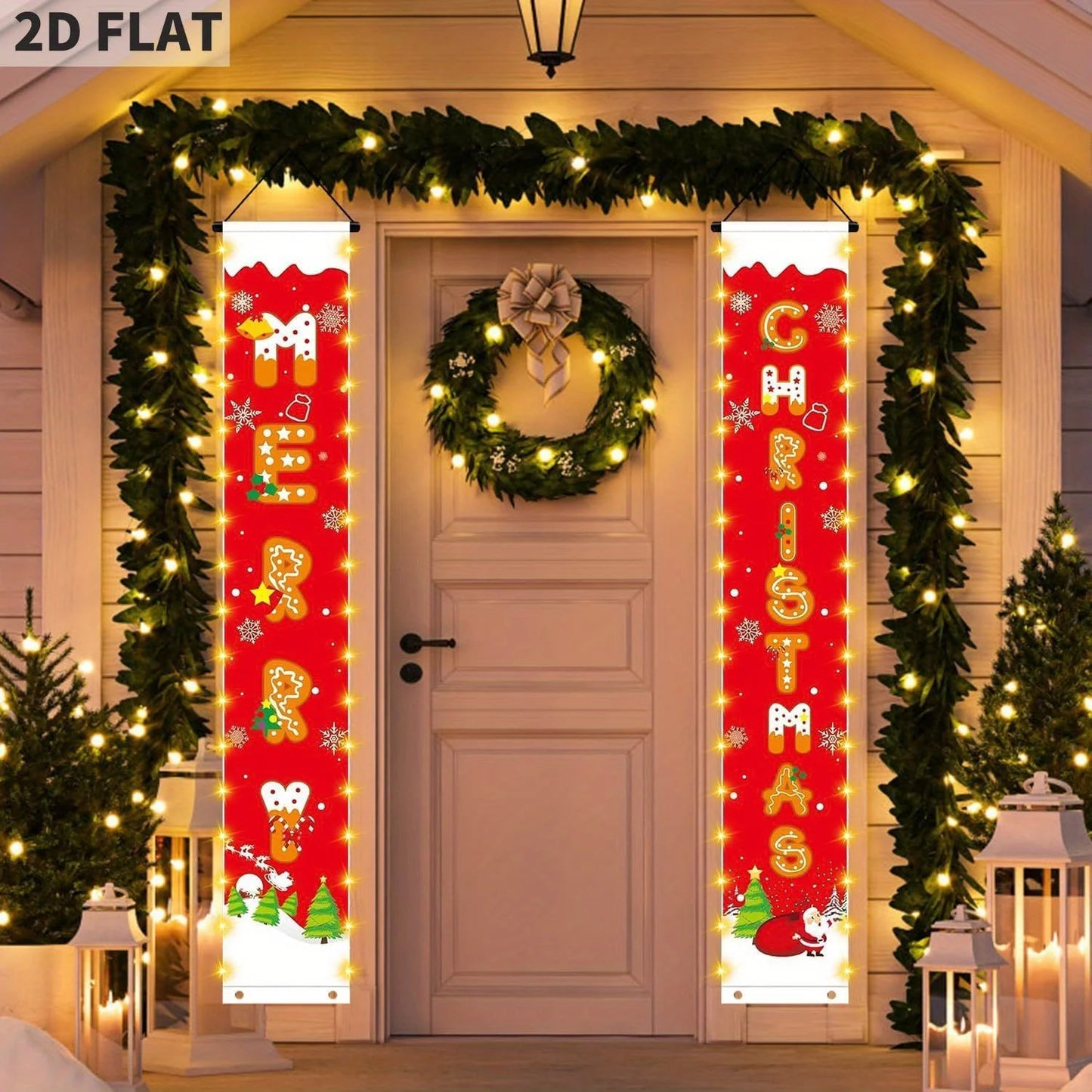 Christmas Decorations Banners with String Lights, Pattern Merry Christmas Party Decor, Bright Red Xmas Hanging Banner for Front