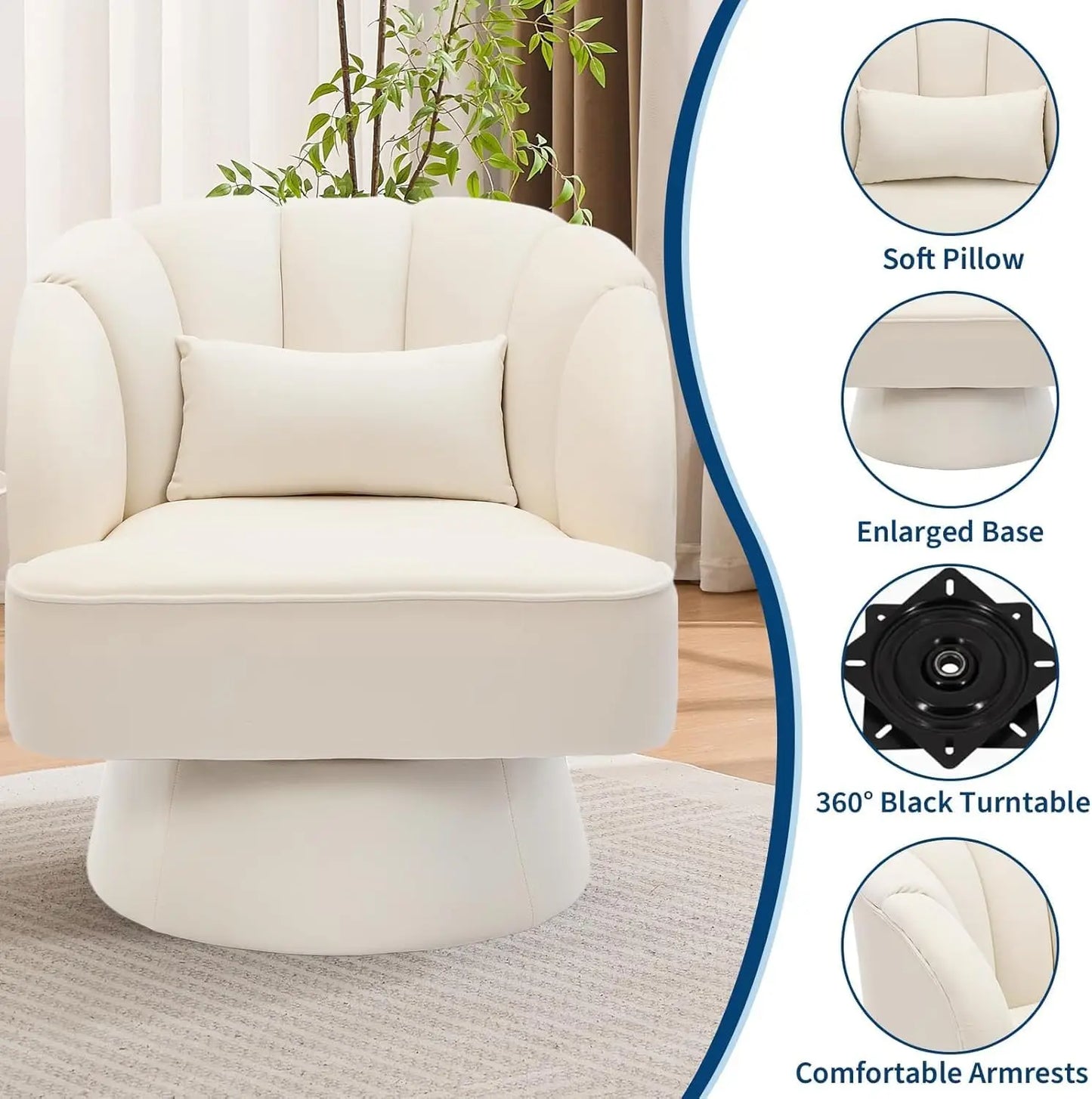 360° Swivel Barrel Accent Chair Modern Round Armchair with Striped Backrest & Plush Padding Velvet Fabric Upholstered Armchair