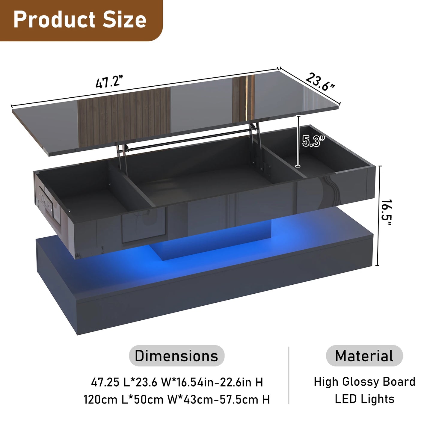 QiaoShiRen Modern LED Coffee Table With Open Display Shelf