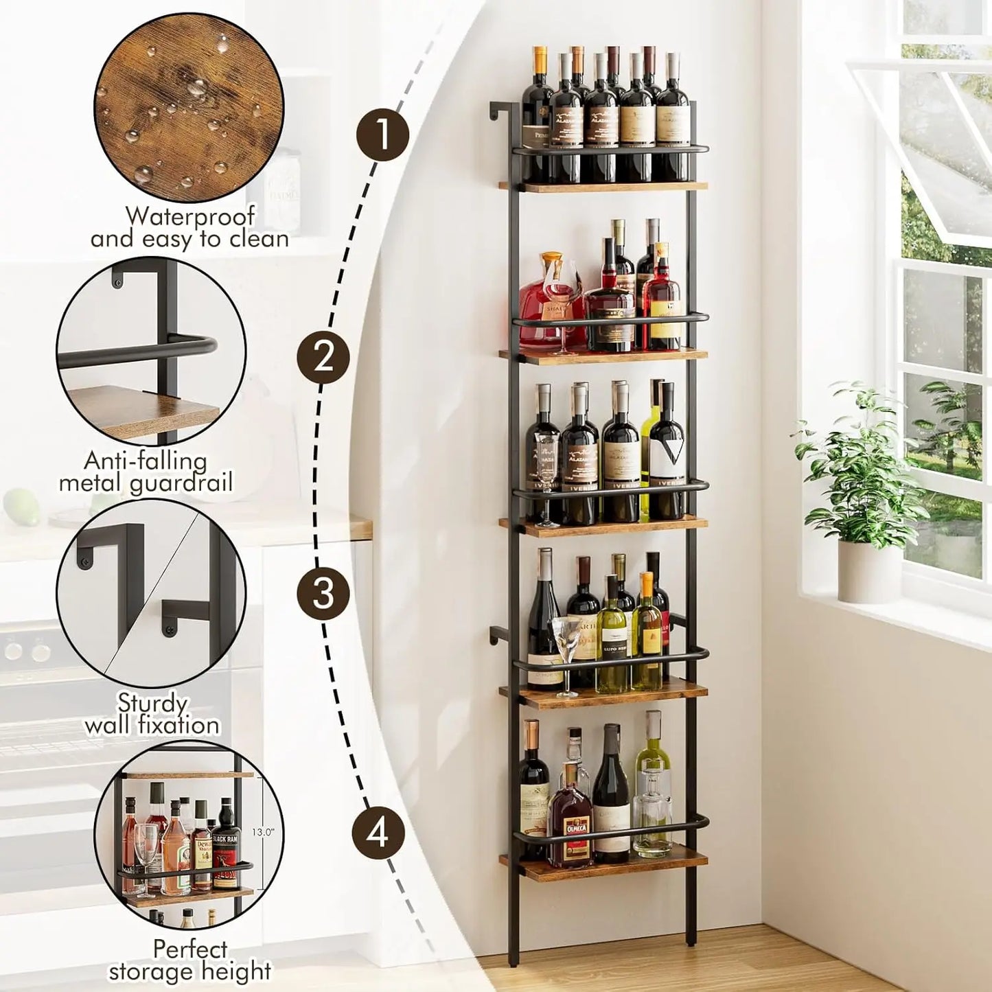 5-Tier Wall Mounted Wine Rack with Fences, Freestanding Floor Holder for 50 Bottles, Brown Cabinet for Home Kitchen Dining Room