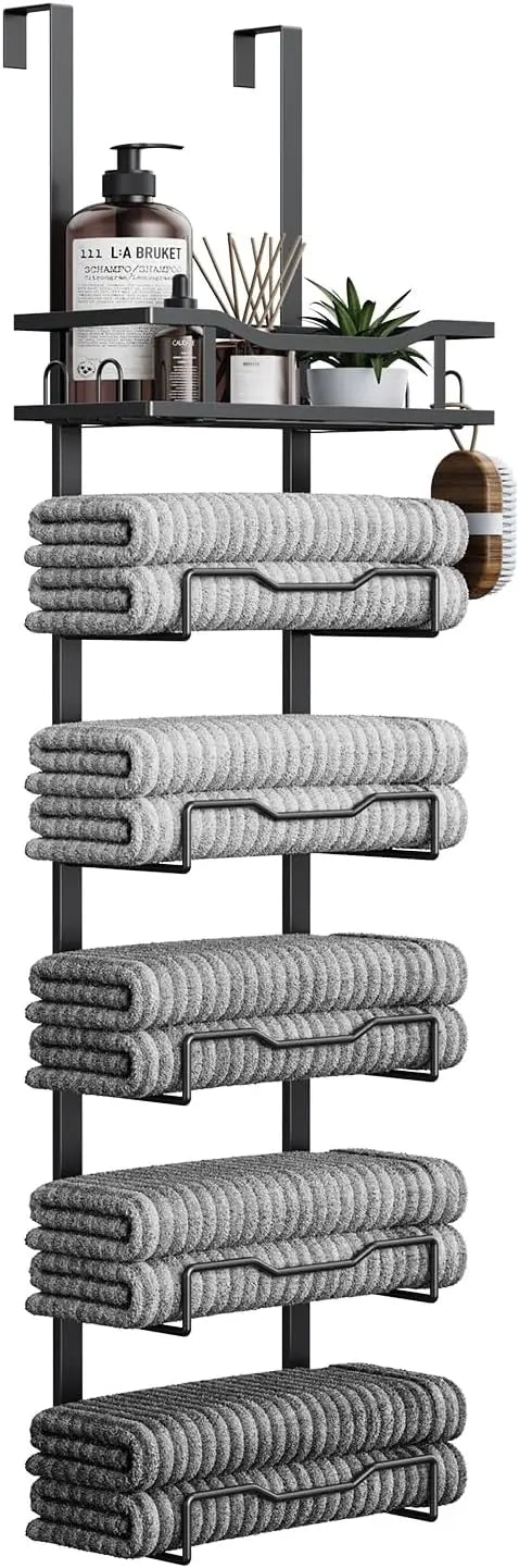 Hanging Towel Racks For Bathroom No Drill - 6-Tier Over The Door Bath Towel Storage Organizer For Small Bathrooms - Tiered Back