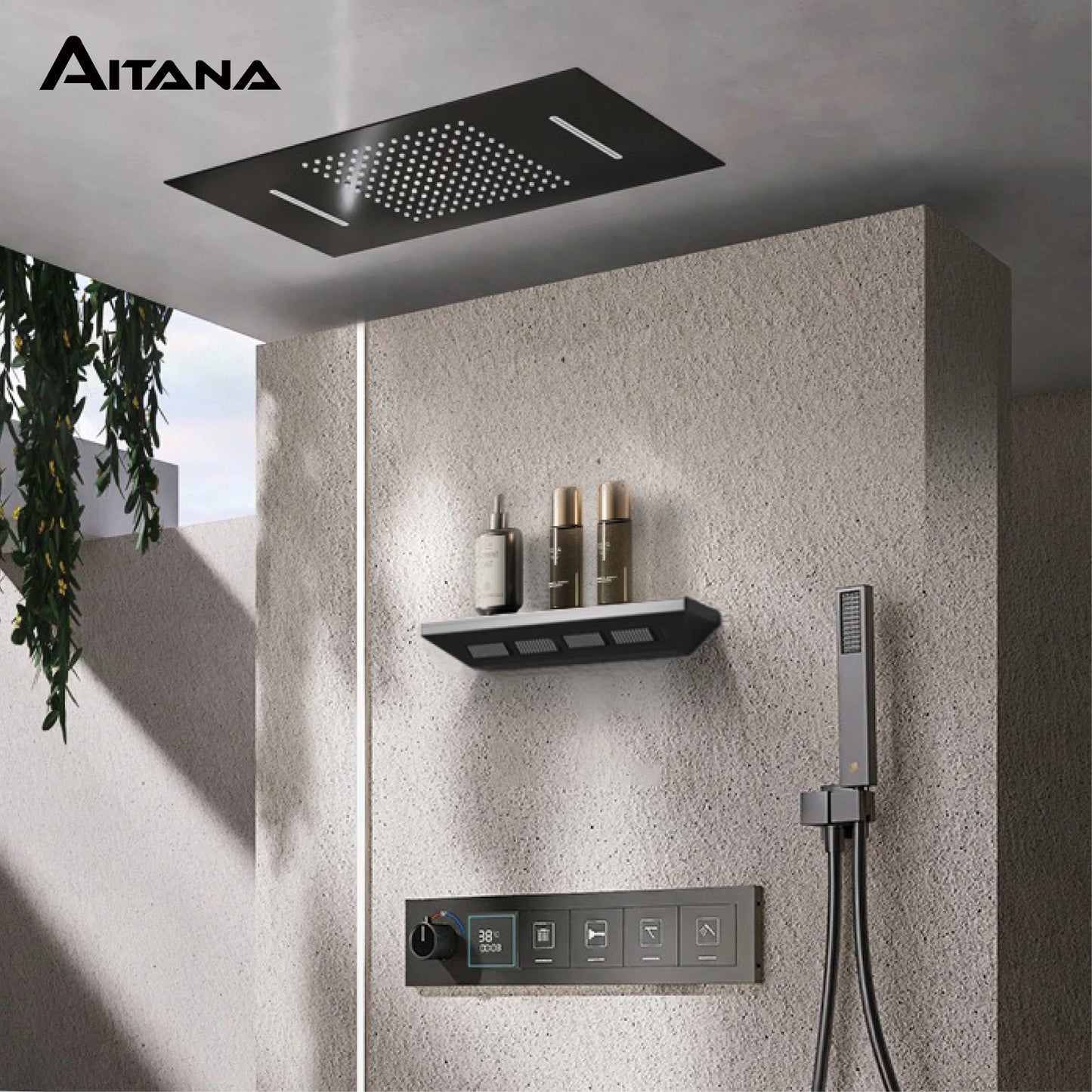 Gun gray brass ceiling constant temperature shower system embedded design LED digital display cold and hot water bathroom mixer
