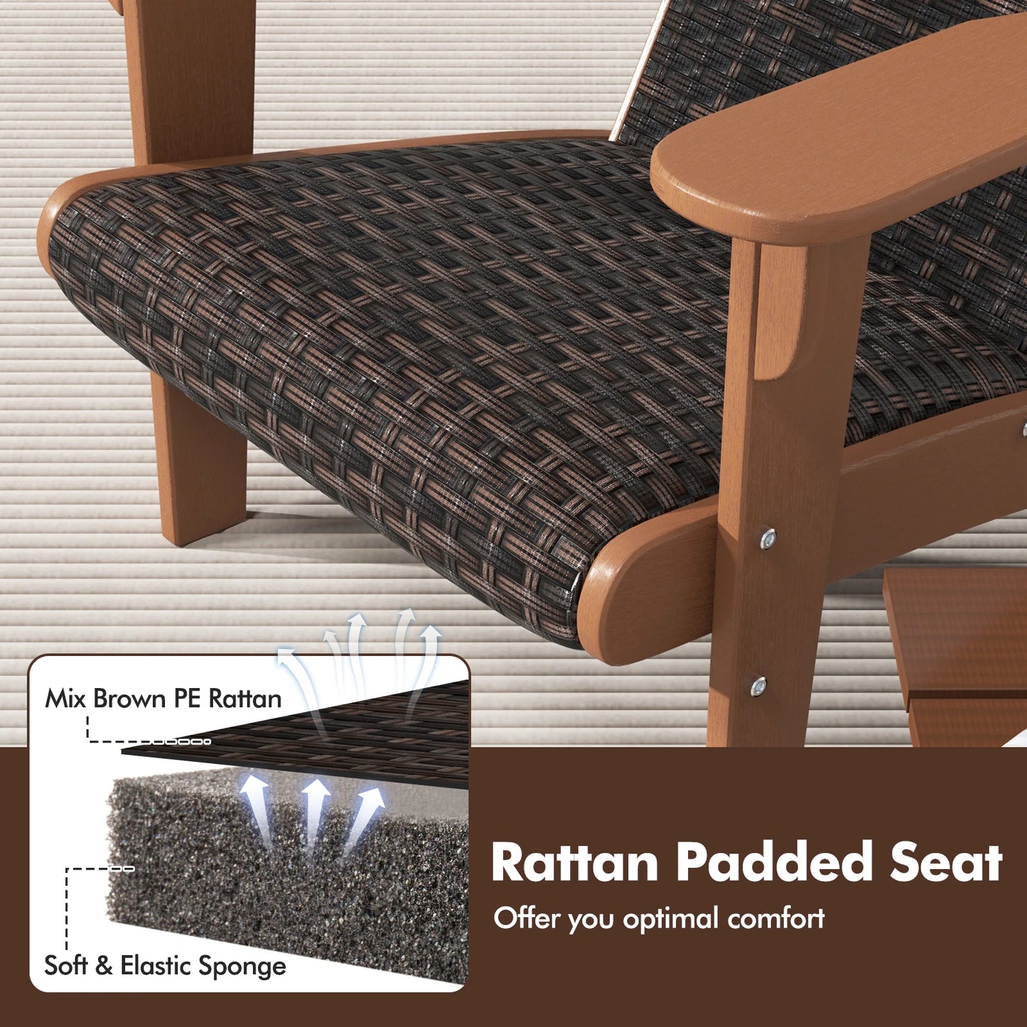 Patio Adirondack Chair w/ Rattan Padded Seat Wide Armrests & Hidden Cupholder