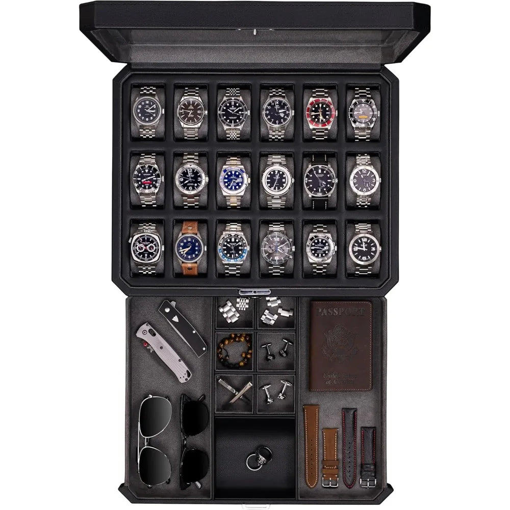 18-Slot Luxury Watch Box with Drawer, Real Glass Top, Lockable Display Case for Men's Collections (Black/Red)
