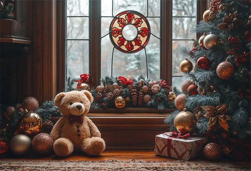 Mehofond Photography Backdrop Green Wall Christmas Trees For Kids Family Holiday Party Window Grunge Background Photo Studio