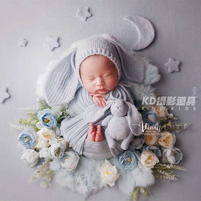 Newborn Photography Props Natural Rabbit Fur Rug Baby Photo Blankets Studio Infant Posing Basket Filled Background Accessories