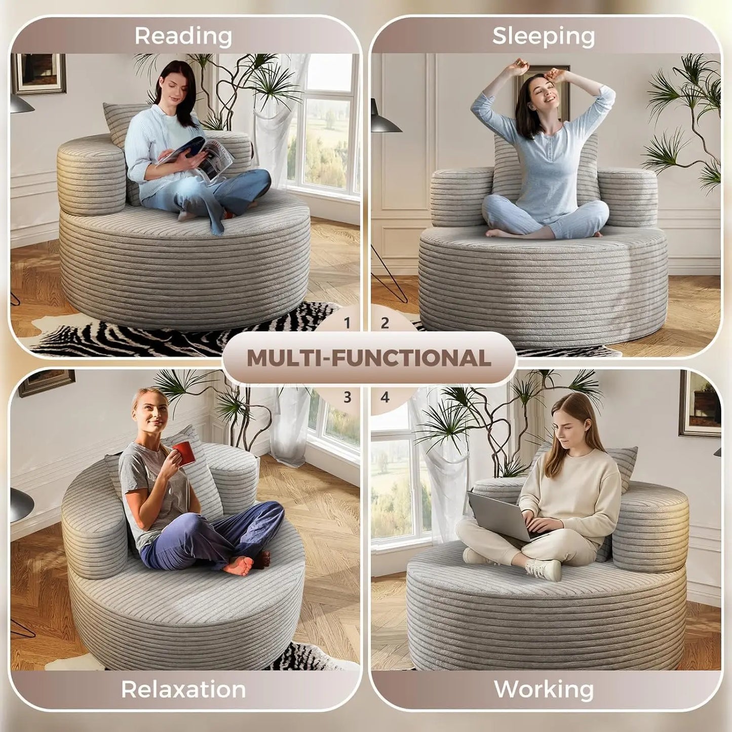 37.4" Oversized Boneless Chair Round, Chaise Lounge Boneless Accent Chair Indoor, Upholstered Corduroy Deep Seat Sofa Chair