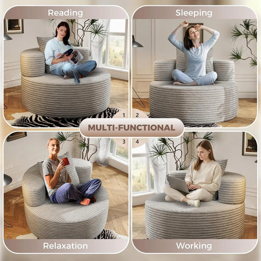 37.4" Oversized Boneless Chair Round, Chaise Lounge Boneless Accent Chair Indoor, Upholstered Corduroy Deep Seat Sofa Chair