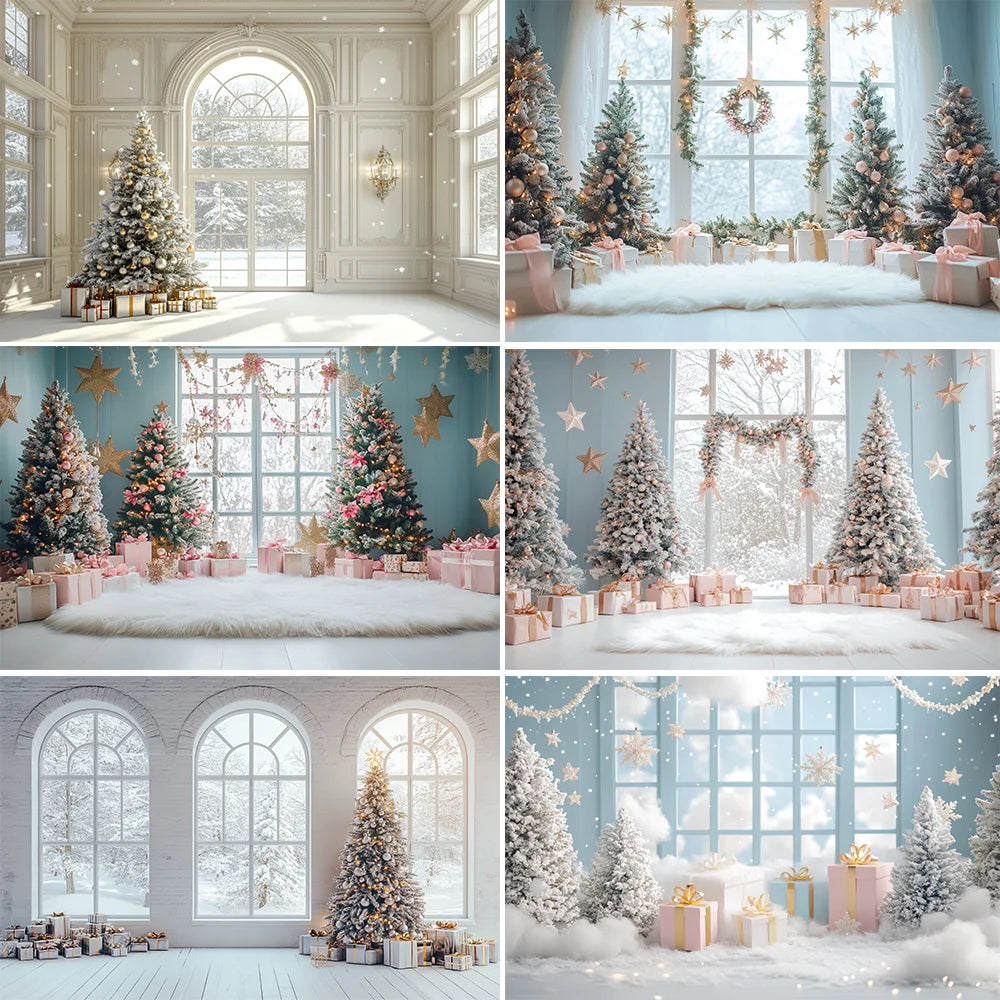 Photography Backdrop Christmas Trees Stars Newborn Birthday Portrait Window Tulle Curtains Gift Decor Photo Background