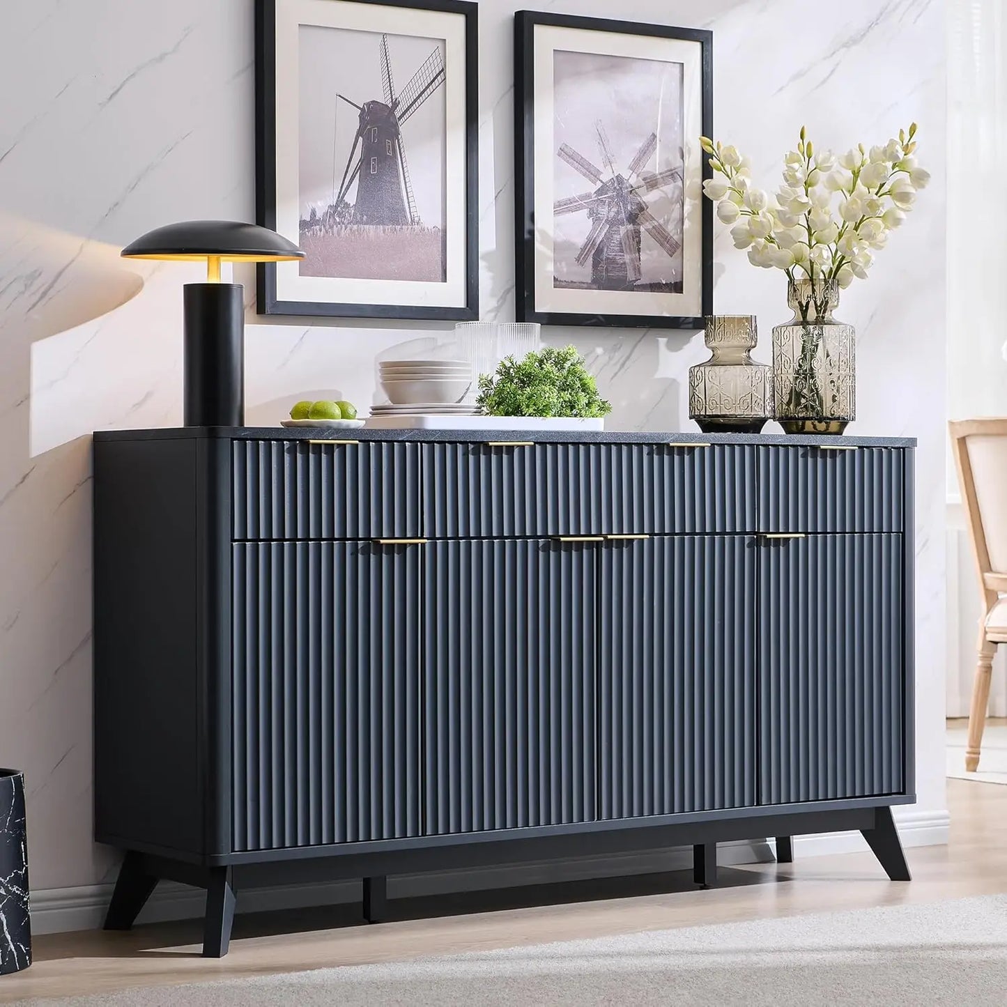XMSJH Dark Grey Sixty Inch Fluted Buffet Sideboard Storage