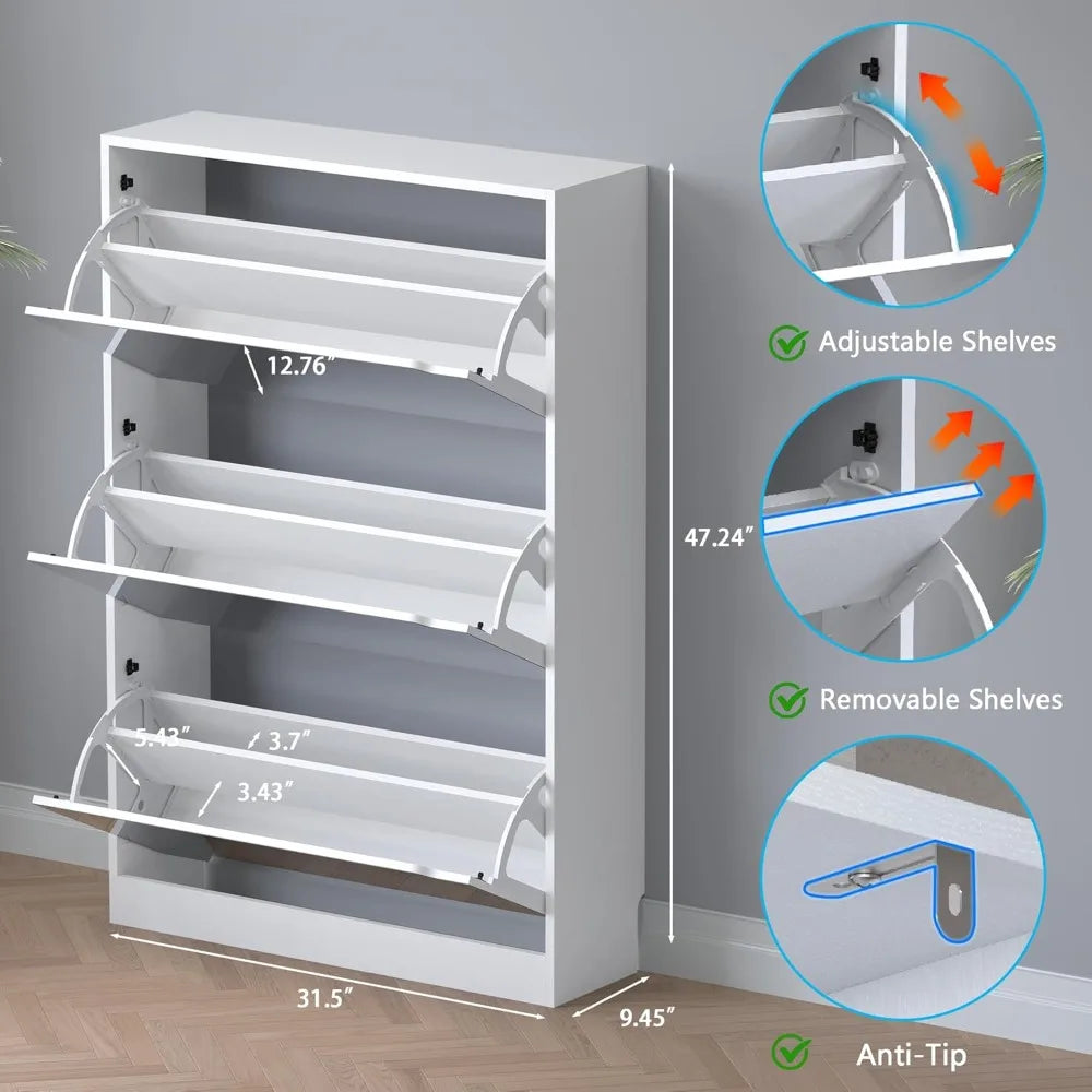 Shoe Cabinet with 3-Flip Mirror Drawers, Freestanding Shoe Rack Organizer with Hidden Handle, Slim Narrow Shoe Storage Cabinet