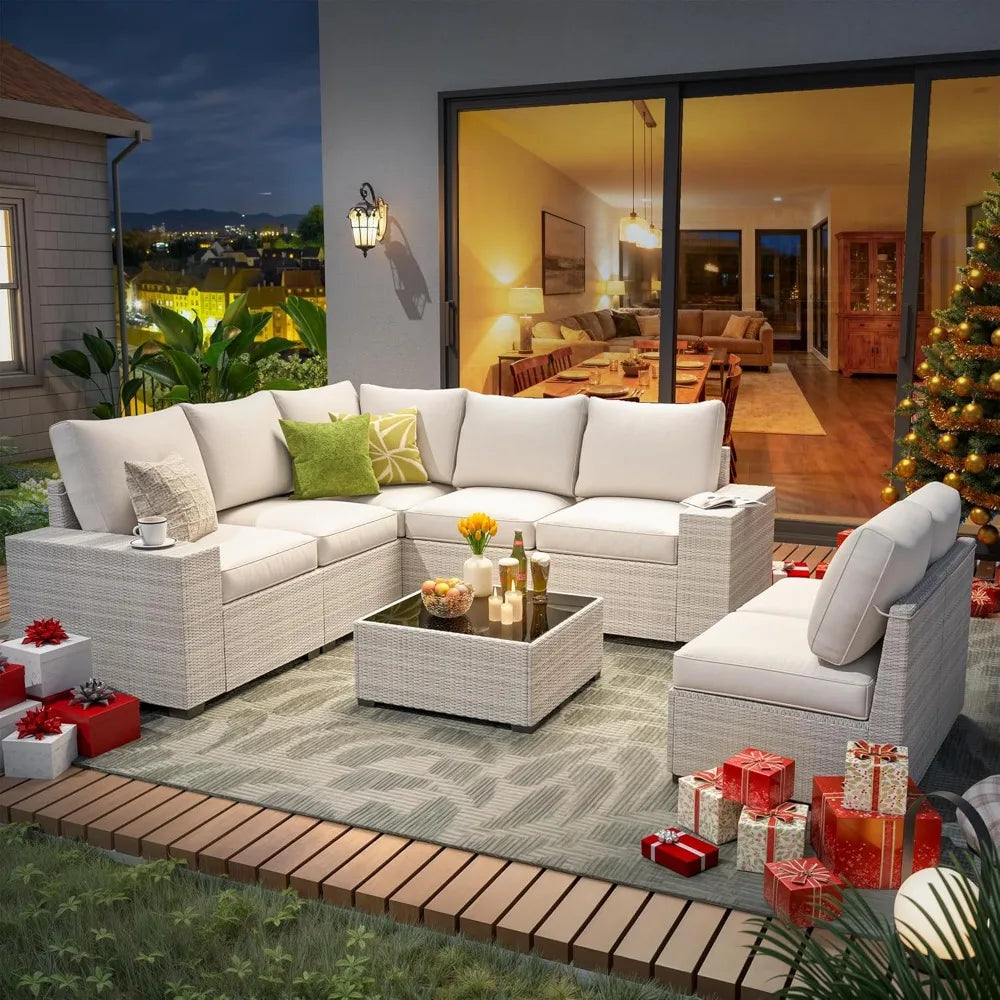 8 Piece Outdoor Patio Furniture Set, Outdoor Sectional Furniture, Rattan & Wicker Modern Modular Conversation Set Sofa Couch W/W