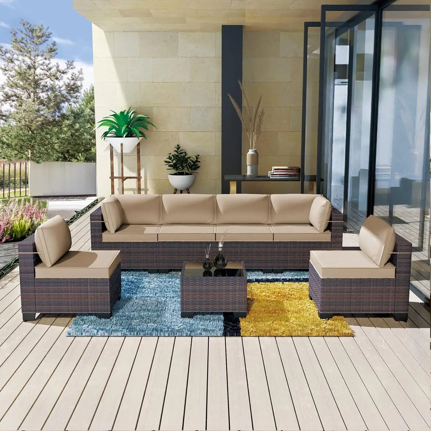 7 Pieces Outdoor Patio Furniture Set,Sectional Rattan Sofa Set Brown PE Rattan Wicker Patio Conversation Set with, Customized