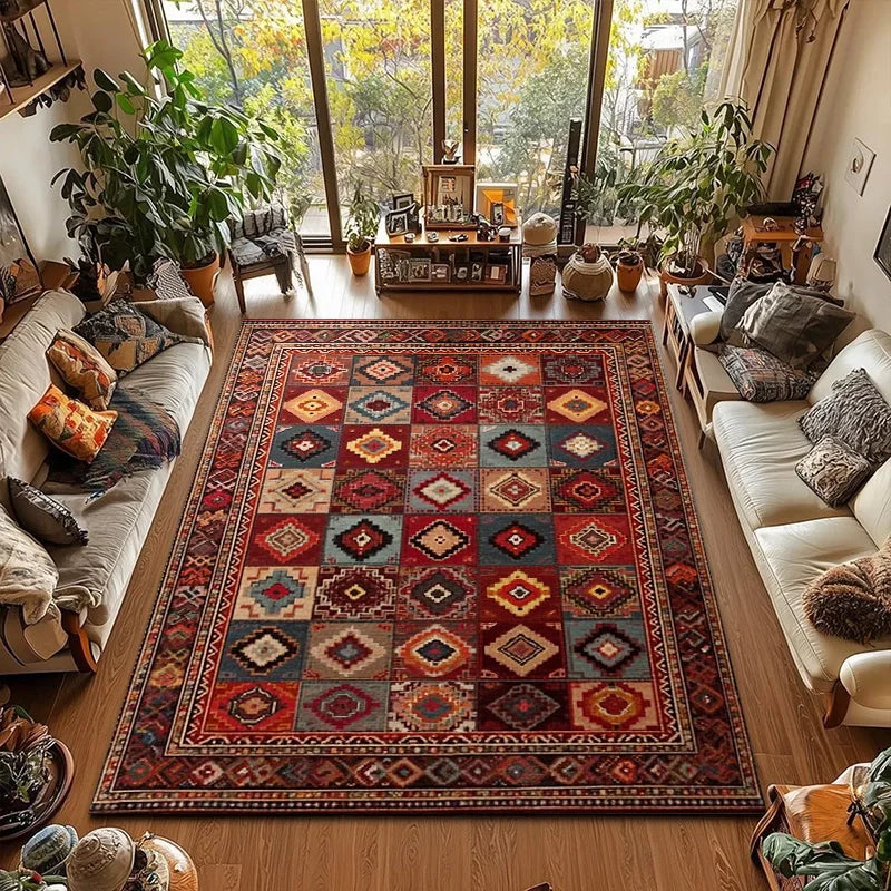 RAKKS Large Retro Red Ethnic Style Patchwork Carpet Area Rug Non-slip Living Room Decor Sofa Rug Bedroom Bedside Rug Floor Mat