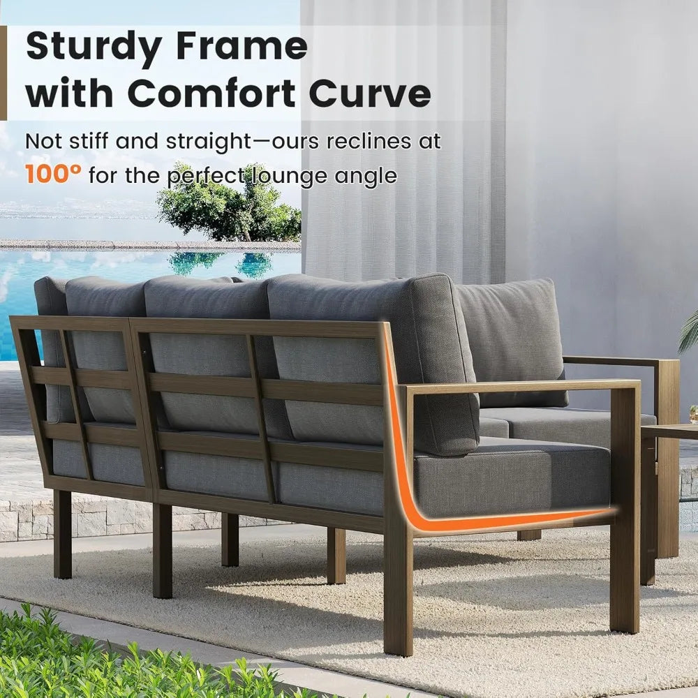 ZHUXIANG Outdoor Patio Furniture Set Faux Wood Metal Sectional Sofa With Olefin Cushions And Coffee Table
