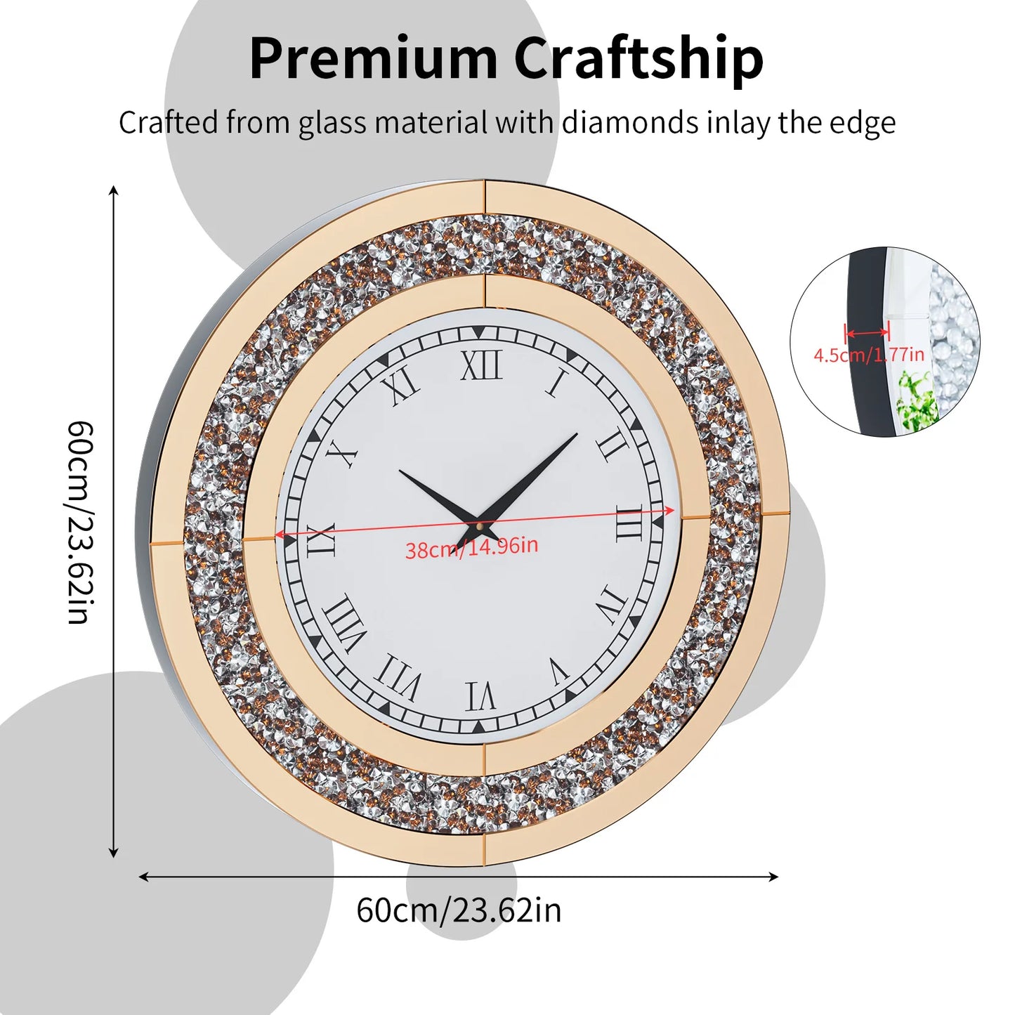 Glam Sparkle Bling Silver Round Mirror Wall Clock Decor