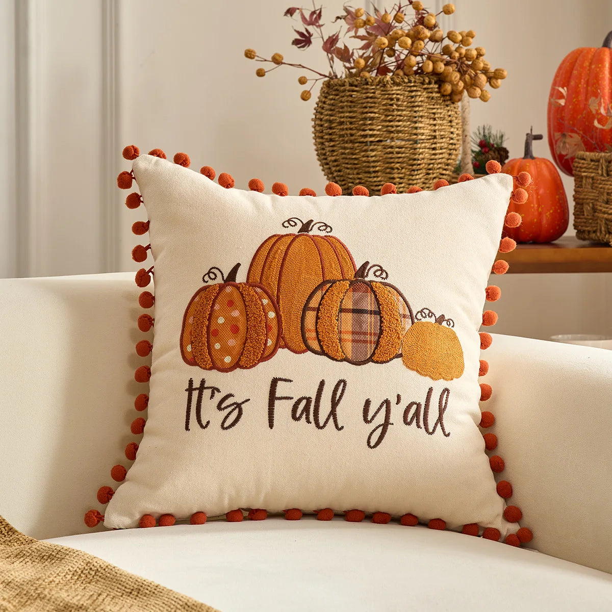 Halloween Tufted Throw Pillow Cover Thanksgiving Maple Pumpkin Square Cushion Cover for Home Living Room Party DIY Fall Decor