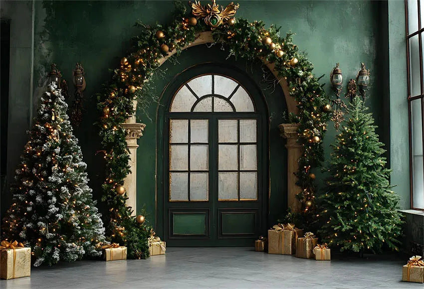 Mehofond Photography Backdrop Green Wall Christmas Trees For Kids Family Holiday Party Window Grunge Background Photo Studio