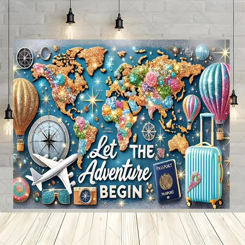 Let The Adventure Begin World Airplane Graduation Backdrop