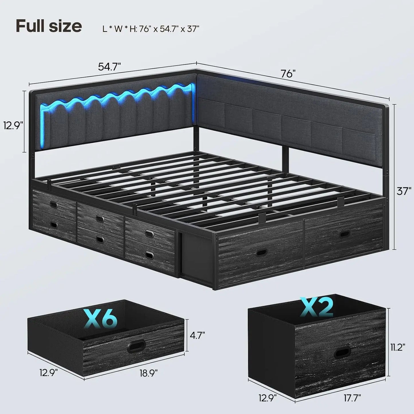 Full Corner Bed Frame with 8 Drawers, 6 Storage Pockets, Full Daybed with Storage and RGB Wave Lights, Platform Bed with L-Shape