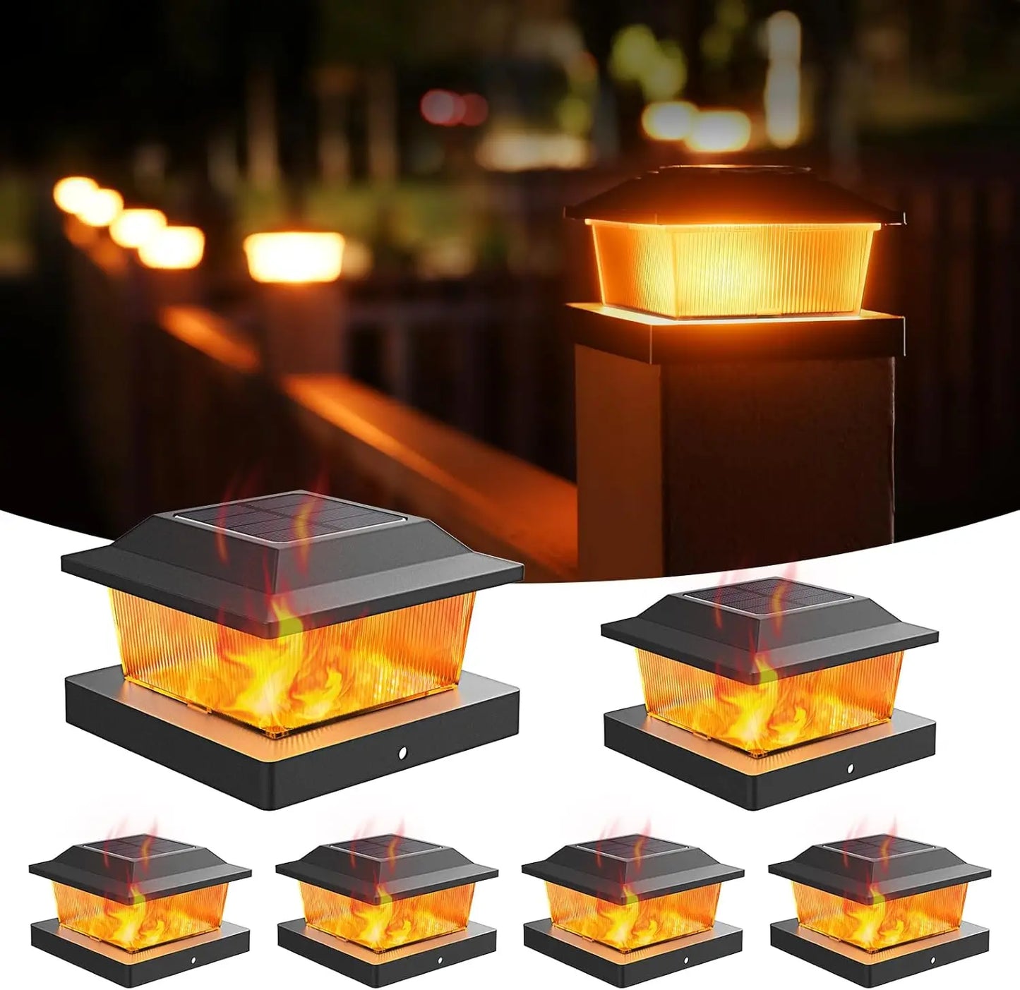 6 Pack Solar Post Cap Lights Flame Effect for 4x4 Wood/Vinyl Posts Waterproof Auto On/Off Outdoor Solar Landscape Garden Lamp