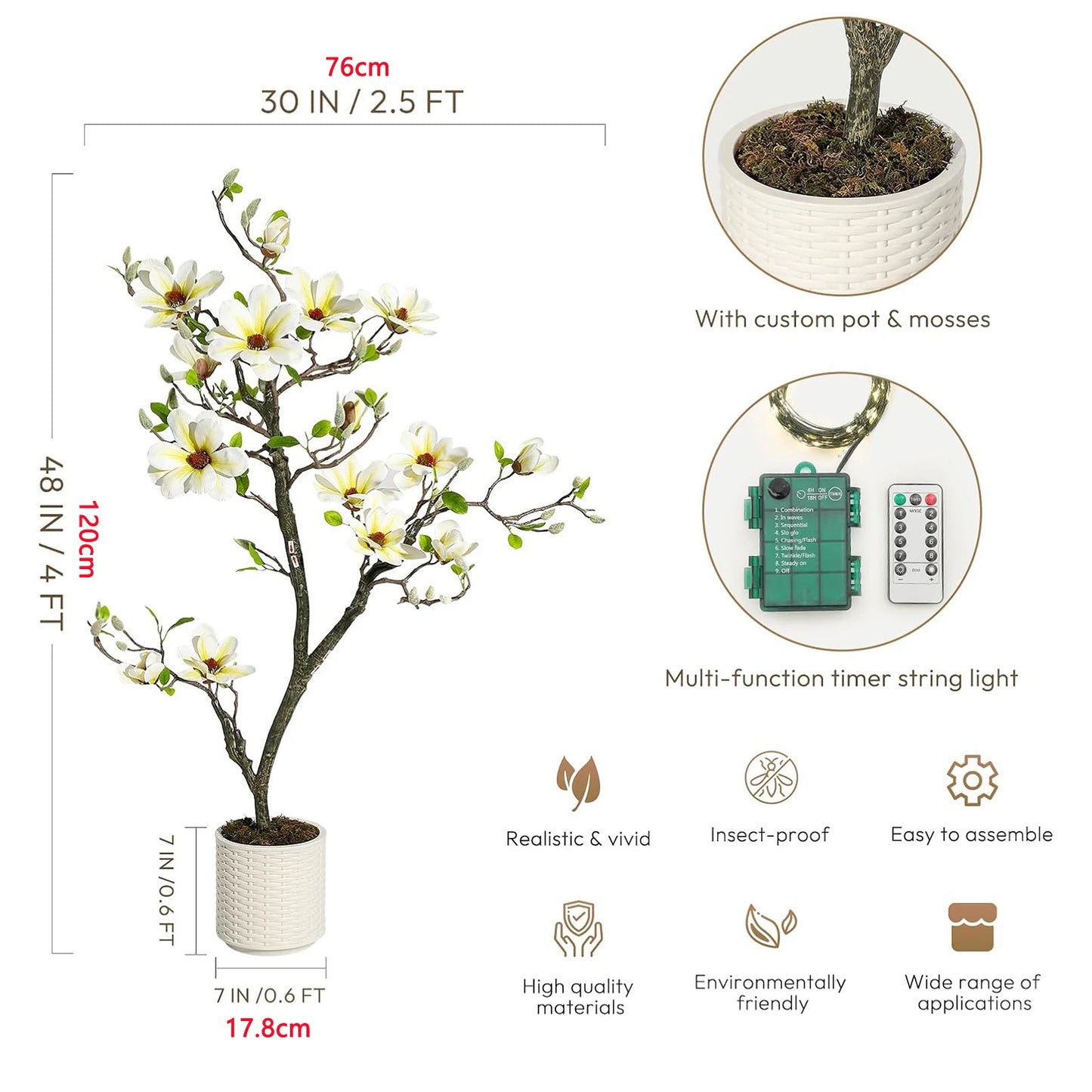 Artificial Magnolia Plant With LED Light For Outdoor Decor